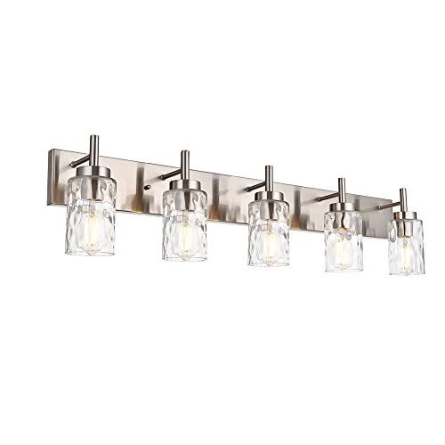 BONLICHT Transitional Vanity Lighting Fixtures Brushed Nickel with Clear Hammered Glass Shade,Farmhouse 5 Light Bathroom Lights Wall Sconces Contemporary Indoor Wall Mount Lights for Kitchen Sink - color: Brushed Nickel, size: 5 Lights