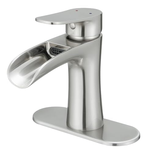 VOTON Bathroom Faucets Brushed Nickel Single Handle Waterfall Sink Faucet One Hole or Three Holes with Deck Mount Vanity Farmhouse RV Vessel Basin Faucet - color: B-Brushed Nickel, style: Without Drain