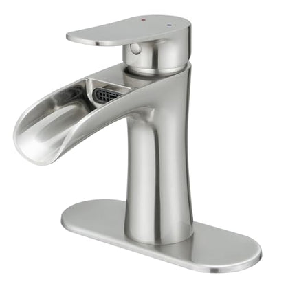 VOTON Bathroom Faucets Brushed Nickel Single Handle Waterfall Sink Faucet One Hole or Three Holes with Deck Mount Vanity Farmhouse RV Vessel Basin Faucet - color: B-Brushed Nickel, style: Without Drain