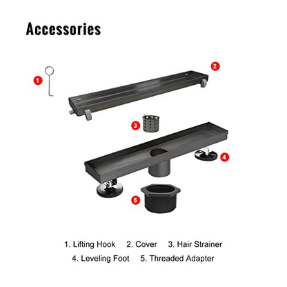 SaniteModar Linear Shower Drain 12 inch Matte Black with Tile Insert Panel | AISI 304 Stainless Steel Black Linear Dain Rectangle Shower Floor Drain with Hair Strainer and Leveling Feet - color: Black Tile Insert Grate, size: 12 Inch