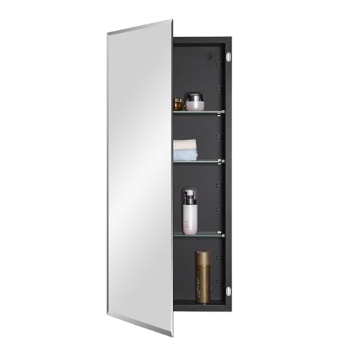 IDYLLOR Black Bathroom Medicine Cabinet with Beveled Edge Mirrored Door 16 x 36 inch, Recessed or Surface Mount, with Adjustable Glass Shelves - color: Matte Black, size: 16x36 inch Beveled Edge Mirror