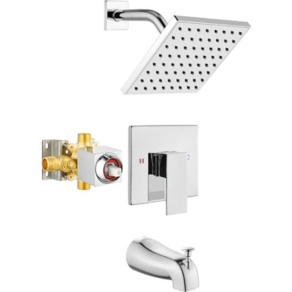 Heyalan 6-Inch Shower Faucet Set with Tub Spout and Valve,Polished Chrome | 6-inch square rainfall head, tub spout with diverter, male-thread rough-in valve, single-handle control and wall-mount design - color: Polished Chrome, size: 6 Inch Square Shower