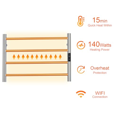 Electric Towel Rack with Voice Control for Alexa & Google Home,TUYA - Wall-Mounted Bathroom Heating Towel Warmer,Plug-in,Stainless Steel Material,16.54x23.62x5.51 in,Brushed，4 Bars - color: Brushed With Wifi, size: 4 Bar