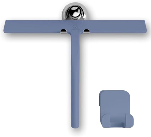 Silicone Shower Squeegee for Glass Doors & Mirrors with Stainless Steel Core, Streak-Free & No-Squeak Window Cleaning, 3-in-1 No-Drill Mount (Hook/Suction/Adhesive),Blue, 11 Inches | Streak-Free & No-Squeak Window Cleaning, Stainless Steel Core, Hook/Suct