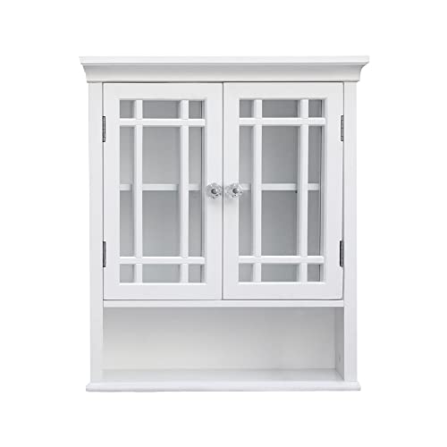 Teamson Home Neal Wooden Over The Toilet Bathroom Removable Wall Medicine Cabinet with 1 Fixed and 1 Adjustable Shelf 3 Storage Spaces 2 Glass Mosaic Doors and Crystal-Cut Acrylic Knobs, White | Detachable Over the Toilet Storage, Two Doors, Adjustable Sh