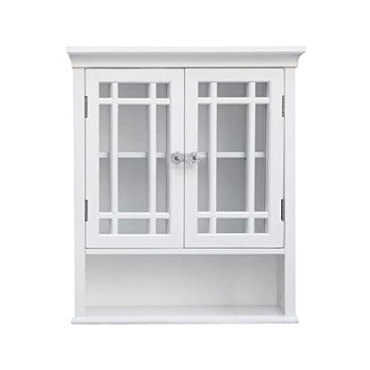 Teamson Home Neal Wooden Over The Toilet Bathroom Removable Wall Medicine Cabinet with 1 Fixed and 1 Adjustable Shelf 3 Storage Spaces 2 Glass Mosaic Doors and Crystal-Cut Acrylic Knobs, White | Detachable Over the Toilet Storage, Two Doors, Adjustable Sh