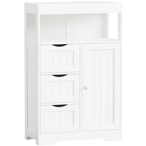 JUMMICO Bathroom Floor Cabinet, Wooden Free-Standing Storage Organizer with 1 Door and 3 Drawers, Bathroom Storage Cabinet for Living Room/Kitchen/Hallway/Home Office (Light White, 3 Drawers) - color: Light White