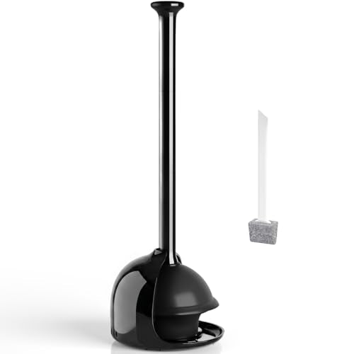 FORASTO Toilet Plunger with Holder, Heavy Duty Covered Storage for Bathroom | 18.8" black, resilient rubber cup, sleek space-saving profile, discreet restroom decor, drip-catching holder base - color: Black