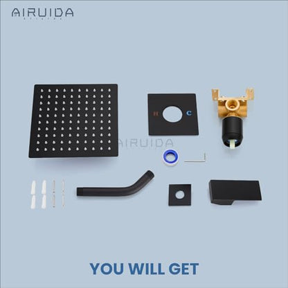 Airuida Matte Black Shower Faucet Set,8 Inch Shower Valve Kit | Square Showerhead,Female Thread Rough-in Valve,Bathroom Rain Shower System,Single Function Handle - color: Matte Black