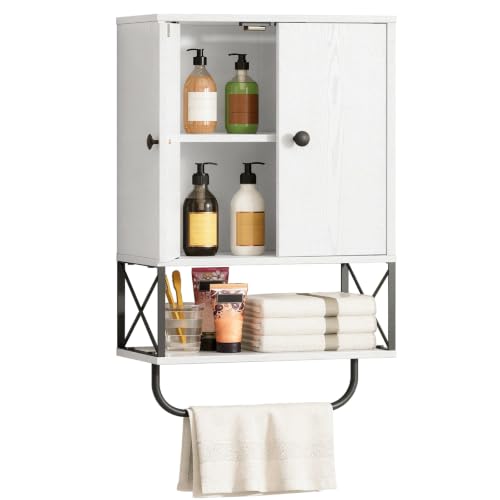MAHANCRIS Bathroom Wall Cabinet with 2 Door and Adjustable Shelf, Farmhouse Medicine Cabinet with Towel Rack, 3-Tier Wall Mounted Storage Cabinet Over The Toilet for Bathroom Laundry Room, White - color: White, size: 15.0"l X 7.9"w X 26.1"h