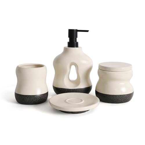 BosilunLife Ceramic Bathroom Accessories Set of 4, Wavy Hollow Soap Dispenser & Vanity Essentials, Two-Tone Beige with Textured Sand Base, Boho Wabi-Sabi Decor - color: Beige