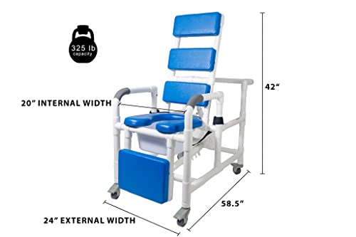 Institutional Grade Reclining Shower Commode Chair with Wheels – Padded Seat, Adjustable Backrest, Locking Casters, Footrest, Commode Pail – 325 lb Capacity | RCL-1