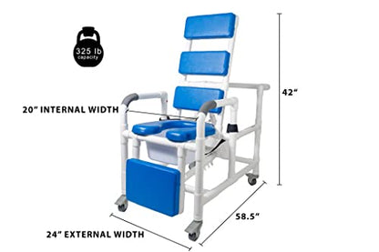 Institutional Grade Reclining Shower Commode Chair with Wheels – Padded Seat, Adjustable Backrest, Locking Casters, Footrest, Commode Pail – 325 lb Capacity | RCL-1