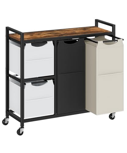 HOOBRO Laundry Sorter with 4 Section, 39 Gal. (147 L) Laundry Hamper with Wheels, Rolling Laundry Basket with Shelf, Pull-Out Detachable Bags, Side Pockets, Rustic Brown, Black and Beige BFE14XY01N1 - color: Rustic Brown + Black + Beige + Gray