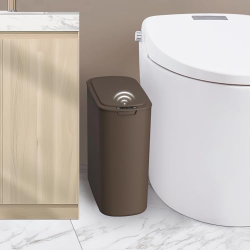 Cesun Automatic Motion Sensor Bathroom Trash Can with Lid, 2.6 Gallon Touchless Trash Bin, Smart Plastic Slim Garbage Can Small Brown Wastebasket for Toilet, Office, rv, Bedroom, Living Room | Motion Sensor, Plastic, Touchless, Odor Control, Smart Garbage