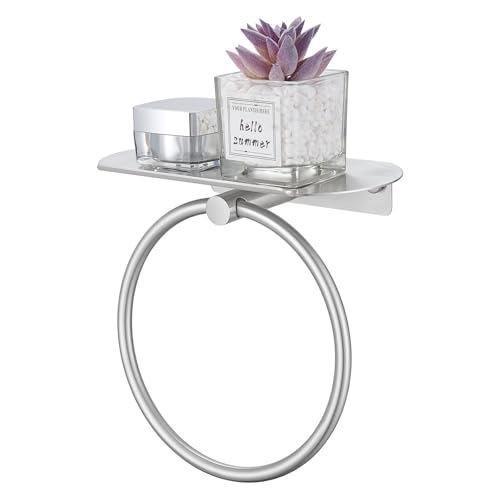 Hand Towel Ring with Shelf, Brushed Nickel, 304 Stainless Steel | 8.07-Inch Storage Surface, Rear Retaining Lip, 180° Rotation, Toiletry Storage, Concealed Screw Mounting, Bathroom Remodels - color: Brushed Nickel