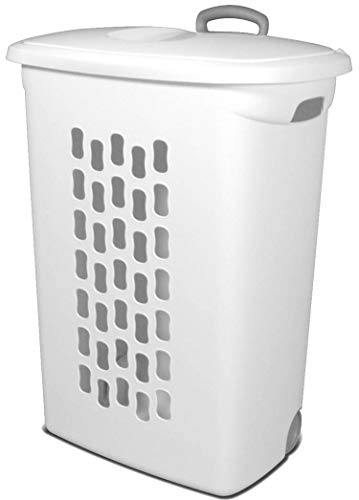 Sterilite Ultra Wheeled Laundry Hamper with Lid, Handle and Wheels for Easy Rolling of Clothes to and from the Laundry Room, Plastic, White, 1-Pack, Portable
