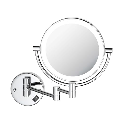 KIBI Circular Wall Mount Makeup Mirror with LED Lights, Dual-Sided 1x/5x Magnifying Mirror with Adjustable Arm, 360° Swivel, Solid Brass Construction for Durability and Style (Chrome, KMM101) - color: Chrome
