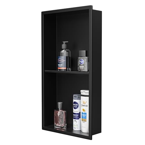 Stainless Steel Shower Niche Matte Black 24" X 12" W/ 2-Tier Shelf | Recessed shower niche no tile needed,space-saving,vertical niche, built in bathroom niche shower for shampoo & soap storage - color: Matte Black, size: 24"x 12"