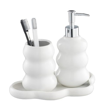 3-Piece White Ceramic Bathroom Accessories Set with Tray, Lotion Dispenser, and Tumbler for a Luxurious Bath Experience - color: White