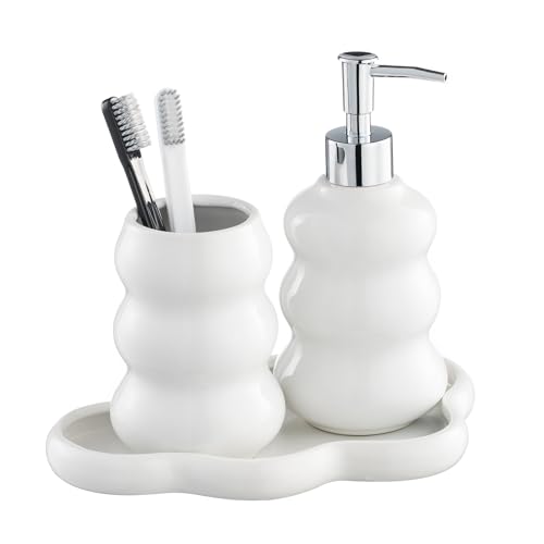 3-Piece White Ceramic Bathroom Accessories Set with Tray, Lotion Dispenser, and Tumbler for a Luxurious Bath Experience - color: White