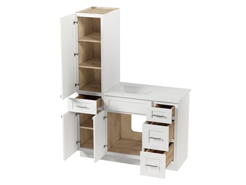 51" Bathroom Vanity with Linen Storage Tower and 4 Drawers, Carrara Quartz Top and Ceramic Sink, Left or Right Tower Option, Solid Wood Frame, 52" x 22" x 72" (White, Left Tall Cabinet) - color: White