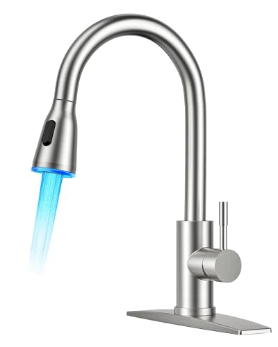 FORIOUS Kitchen Faucet with LED Light Sprayer, Single Hole, Brushed Nickel | Stainless Steel LED Sink Faucet with Pull Down Sprayer, High Arc Single Handle, Suitable for Farmhouse Laundry Camper Rv Bar - color: Stainless Steel