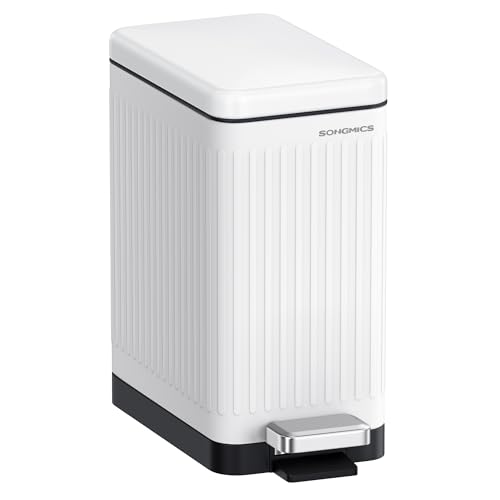 SONGMICS Bathroom Trash Can, 2.6-Gallon (10 L) Trash Bin with Lid, Slim for Small Spaces, Stainless Steel Garbage Can, Soft Close, White ULTB562W01 | Slim Bin for Small Spaces, Soft Close, Matte White, PATIA Collection ULTB562W01 - color: White, style: 2.