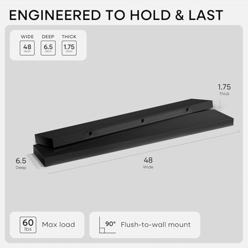 Black Floating Shelf 48 inches, High End Solid Real Wood 48 inch Long Floating Shelves for Wall, Black Wooden 48inch Large Floating Shelves, Heavy Duty Bracket, 48 X 6.5 X 1.75 in, Set of 2 - color: Modern Black - Rich Neutral Satin, size: 48 inch