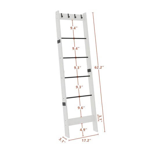 TRIFEBLE 6 Tier Blanket Ladder Shelf for Living Room and Bedroom, Ladder Holder with 4 Metal Hooks, 5.2ft Blanket Quilt Holder Rack, Farmhouse Ladder Rack for Storage and Home Decor, White