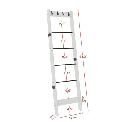 TRIFEBLE 6 Tier Blanket Ladder Shelf for Living Room and Bedroom, Ladder Holder with 4 Metal Hooks, 5.2ft Blanket Quilt Holder Rack, Farmhouse Ladder Rack for Storage and Home Decor, White