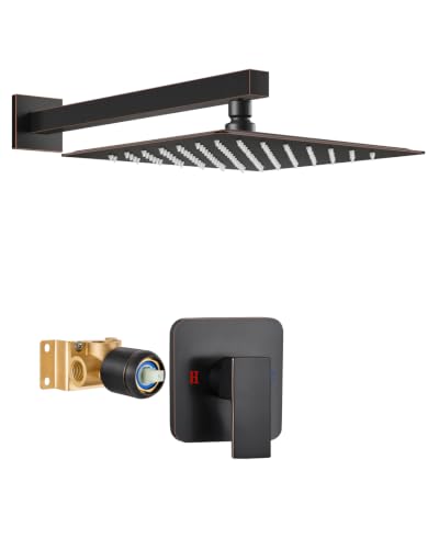 Heyalan 12 Inch Square Rain Shower Faucet Set with Valve, Oil Rubbed Bronze | Female-thread 1/2-inch NPT connections, SUS304 shower head, brass rough-in valve, single-handle control Shower Set - color: Bronze, size: 12 Inch Square Shower Head
