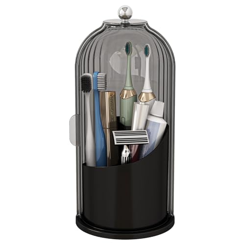 Toothbrush and Toothpaste Holders with Cover, Grey Black | Waterproof and Dustproof, 360° Rotating Base, Smooth Sliding Door, 3 Slots, for Bathroom Countertop - color: Grey Black