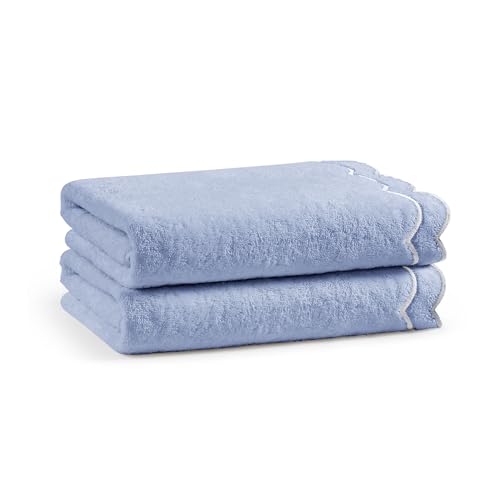 Peri Home 2 Piece Cotton Bath Towel Set, Embroidered, Blue, White Scallop - color: Blue With White Scallop, size: 2 Bath Towel