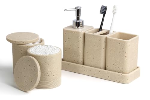 Bathroom Accessories Set 6 Piece Soap Dispenser Set Travertine Beige | Bathroom Set with Toothbrush Holders, Soap Dispenser, Vanity Tray, Tumbler, Cotton Swab Jars, Bathroom Organizer and Storage - color: Travertine Beige