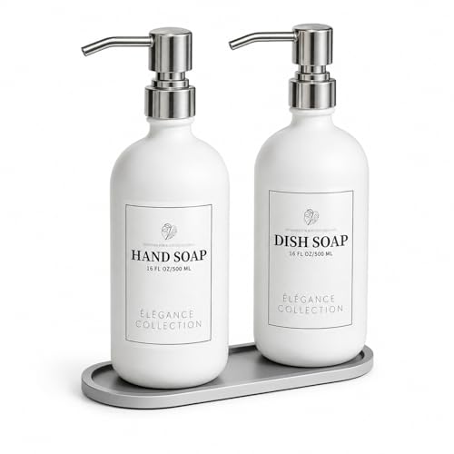 Fachixy White Glass Soap Dispenser 2 Pack, 16 Fl Oz, 14 Waterproof Labels | Leak-Resistant Stainless Steel Pump, Non-Slip Pad, Hand & Dish Soap Dispenser Bottles Set for Kitchen and Bathroom - color: Off-white
