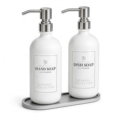 Fachixy White Glass Soap Dispenser 2 Pack, 16 Fl Oz, 14 Waterproof Labels | Leak-Resistant Stainless Steel Pump, Non-Slip Pad, Hand & Dish Soap Dispenser Bottles Set for Kitchen and Bathroom - color: Off-white