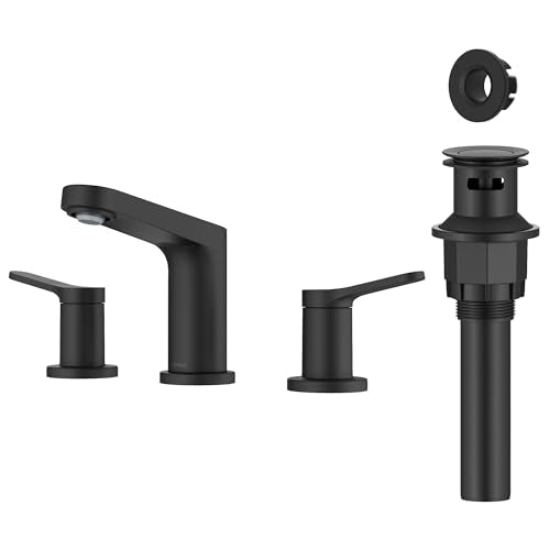 KRAUS Indy Widespread Bathroom Faucet in Matte Black with 2 Handles, Pop Up Drain and Supply Lines, FUS-14103MB - color: Matte Black, style: Widespread