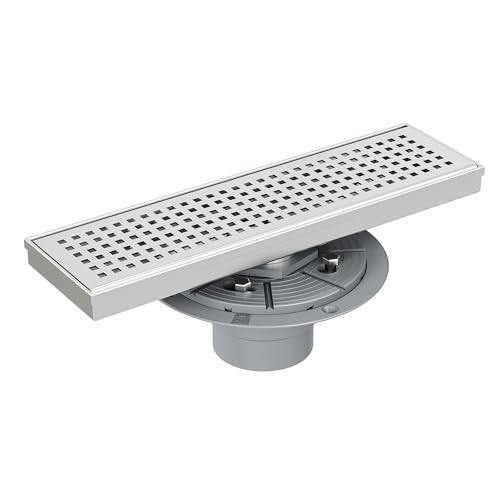 Neodrain 12-Inch Brushed Linear Shower Drain with Quadrato Pattern Grate | 304 Stainless Steel Linear Drain,Rectangle Shower Floor Drain with Hair Strainer, shower drain base ,Fits Bathroom, Balcony - color: Brushed, size: 12 In