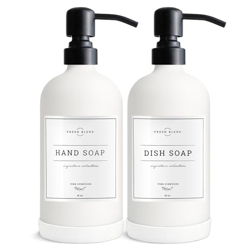 Vine Creations White Glass Soap Dispenser, 2 Pack Kitchen Soap Dispenser Set with Stainless Steel Pump, 16 oz Dish Soap and Hand Soap Dispensers for Bathroom with Waterproof Labels - color: Matte White Bottle / Matte Black Pump