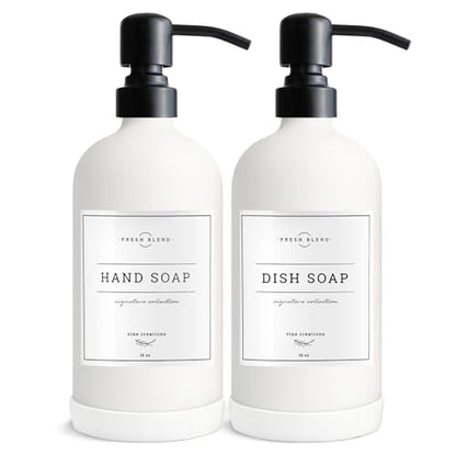 Vine Creations White Glass Soap Dispenser, 2 Pack Kitchen Soap Dispenser Set with Stainless Steel Pump, 16 oz Dish Soap and Hand Soap Dispensers for Bathroom with Waterproof Labels - color: Matte White Bottle / Matte Black Pump
