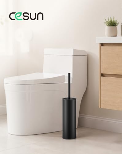 Cesun 304 Stainless Steel Toilet Brush and Holder Set, 2 Brush Heads, Black | S-Shaped Deep Cleaning, Scratch-Free Nylon Bristles, Long Handle & Splash Guard, Replaceable Brush Head - color: Black