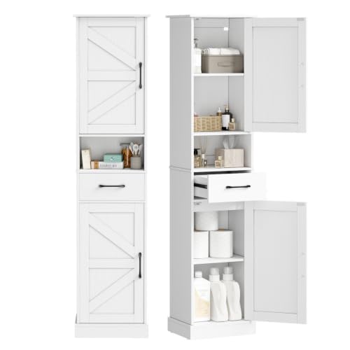 67" H Tall Bathroom Storage Cabinet with Drawer & 2 Barn Door, 15.7" W Narrow Tall Storage Cabinet with Adjustable Shelves for Bathroom, Living Room, Entryway, Kitchen, White