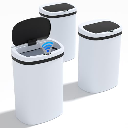 Automatic 13 Gallon Trash Can Set of 3,Soft Close Large Garbage Can with Lid,Indoor Smart Trashcans for Kitchen,Waterproof Trashcans for Kitchen,Touch-Free Trash Can,White - color: White, style: set of 3