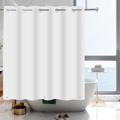 No Hook White Shower Curtain Liner PEVA Plastic Waterproof Heavy Duty Bathroom Curtain Hook Free Shower Liner 72x74 Inches | PEVA Plastic Vinyl Waterproof Heavy Duty Bathroom Curtain Hook Free Shower Liner with bottom Magents - color: White, size: 72"W x