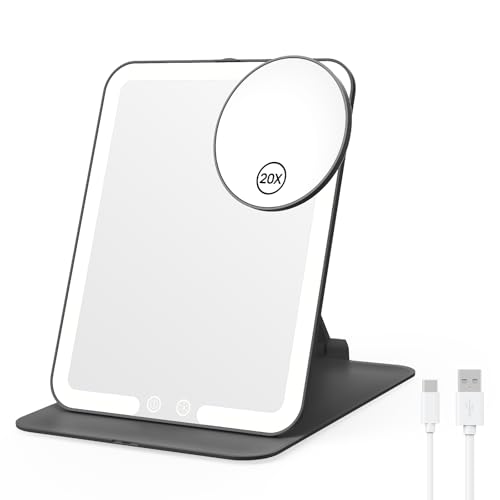 Foldable Travel Makeup Mirror with Lights & 20X Magnifying, Black | Rechargeable LED Vanity Mirror, Height & Angle Adjustable, 3-Colors Lighting, Smart Auto Sensor, Portable Tabletop Mirror - color: Black