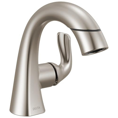 Delta Arvo 1 Hole Pull Down Bathroom Faucet with Sprayer, Brushed Nickel Single Hole Bathroom Sink Faucet with Pull Out Sprayer for Vanity, Push-Pop Drain, SpotShield Stainless 15840LF-SPPD - color: SpotShield Brushed Nickel