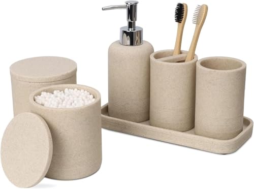 Beige Bathroom Accessories Set 6 Pieces - Toothbrush Holder, Lotion Dispenser, Qtip Container, Vanity Tray, Tumbler - Countertop Organizer for Bathrooms - Elegant and Functional Décor Set - color: Beige, size: 6pcs