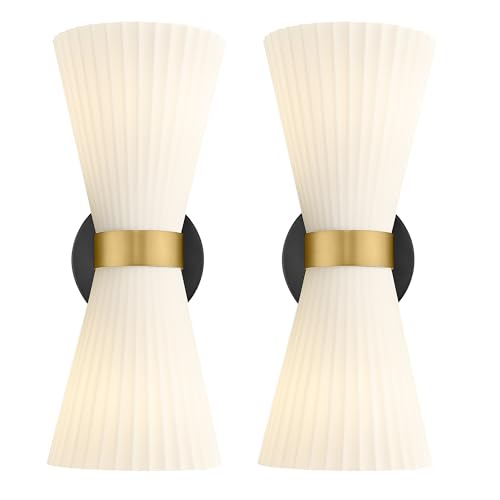 Wall Sconces Set of Two, HWH 14.3 Inch Black and Gold Bathroom Sconces with Frosted Milk White Striped Glass, Up Down Modern Wall Light fixtures for Living Room Bedroom, 5HZG97B-2W-2PK BK+BG - color: Black and Gold, size: 2-Light*2