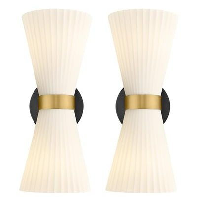 Wall Sconces Set of Two, HWH 14.3 Inch Black and Gold Bathroom Sconces with Frosted Milk White Striped Glass, Up Down Modern Wall Light fixtures for Living Room Bedroom, 5HZG97B-2W-2PK BK+BG - color: Black and Gold, size: 2-Light*2